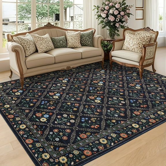 Hasoo Washable Living Room Area Rug 8x10 Large Modern Geometric Floral Soft Stain Resistant Indoor Navy Carpet
