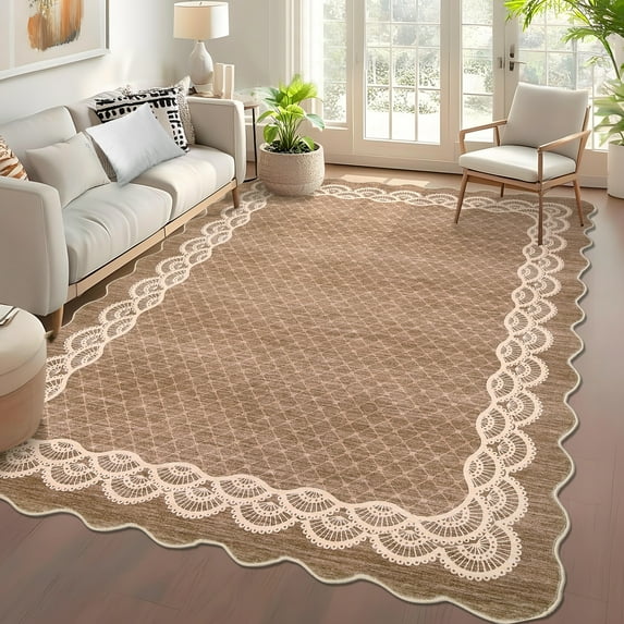 Hasoo Washable Living Room Area Rug 8x10 Large Modern Scalloped Border Soft Stain Resistant Indoor Brown Carpet