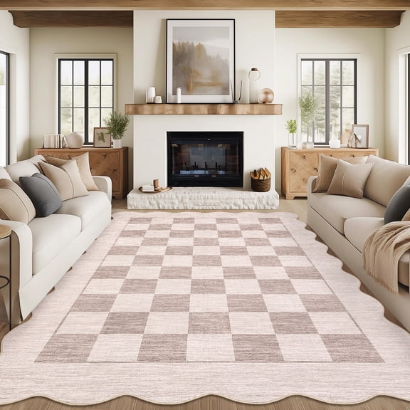 Hasoo Washable Living Room Area Rug 8x10 Large Modern Scalloped Checkered Soft Stain Resistant Indoor Beige/Camel Carpet