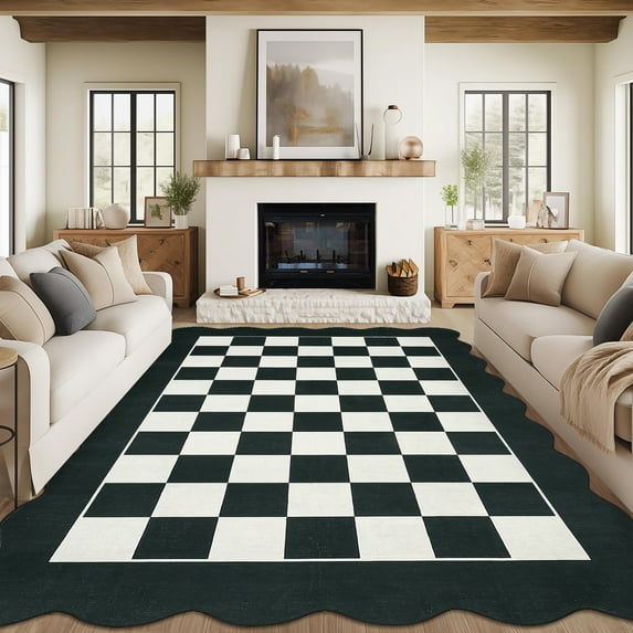 Hasoo Washable Living Room Area Rug 8x10 Large Modern Scalloped Checkered Soft Stain Resistant Indoor Black/White Carpet