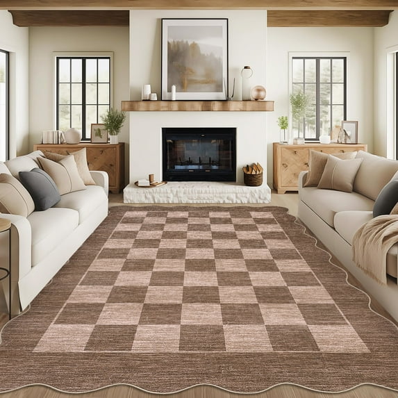 Hasoo Washable Living Room Area Rug 8x10 Large Modern Scalloped Checkered Soft Stain Resistant Indoor Brown/Pink Carpet