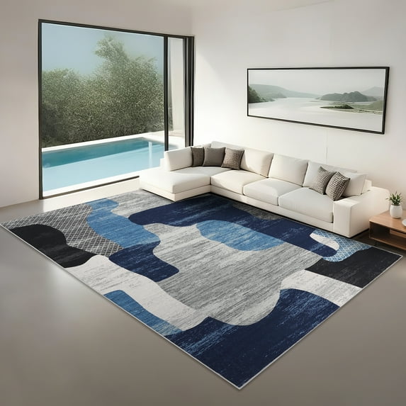 Hasoo Washable Living Room Area Rug 9x12 Large Modern Abstract Non-Slip Soft Low Pile Indoor Blue Carpet