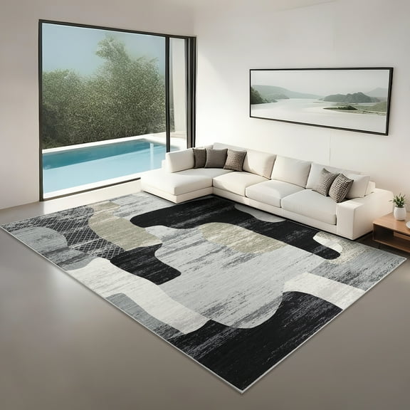 Hasoo Washable Living Room Area Rug 9x12 Large Modern Abstract Non-Slip Soft Low Pile Indoor Gray Carpet