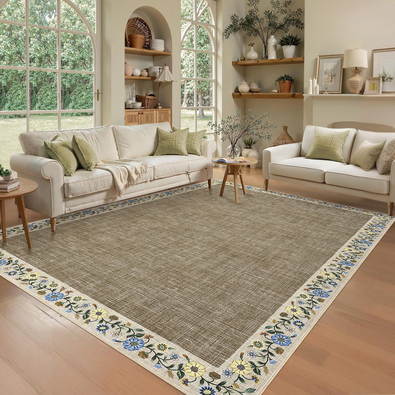 Hasoo Washable Living Room Area Rug 9x12 Large Modern Floral Border Non-Slip Soft Foldable Indoor Dark Camel Carpet