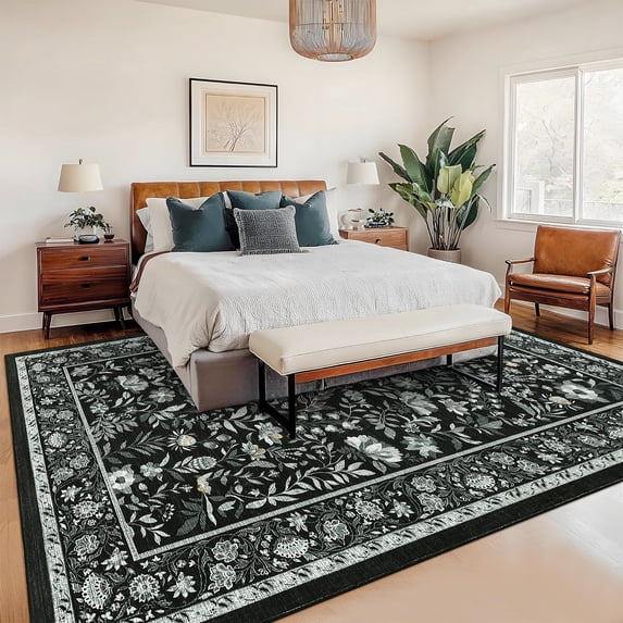 Hasoo Washable Living Room Area Rug 9x12 Large Modern Floral Non-Slip Soft Foldable Indoor Black Carpet