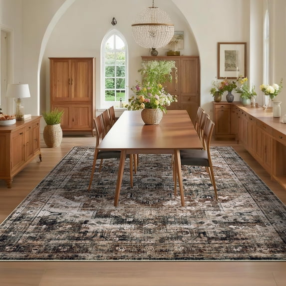 Hasoo Washable Living Room Area Rug 9x12 Large Modern Floral Non-Slip Soft Foldable Indoor Brown Carpet