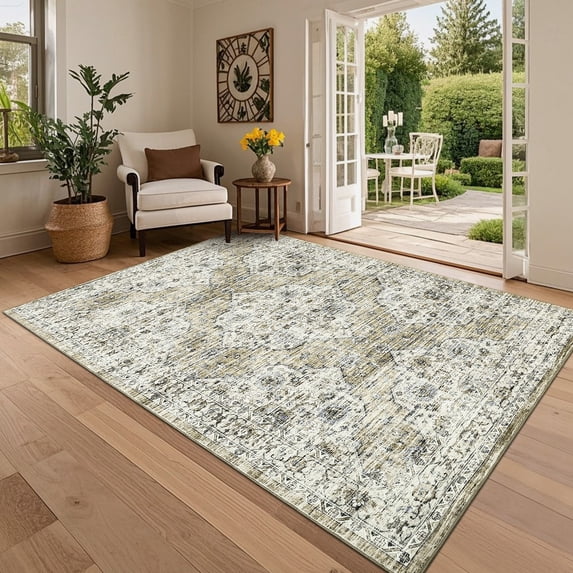 Hasoo Washable Living Room Area Rug 9x12 Large Modern Floral Non-Slip Soft Foldable Indoor Brown/Yellow Carpet