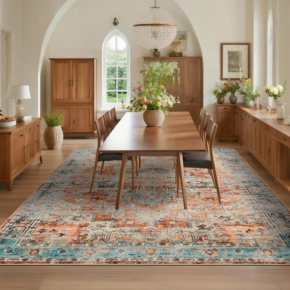 Hasoo Washable Living Room Area Rug 9x12 Large Modern Floral Non-Slip Soft Foldable Indoor Orange Carpet
