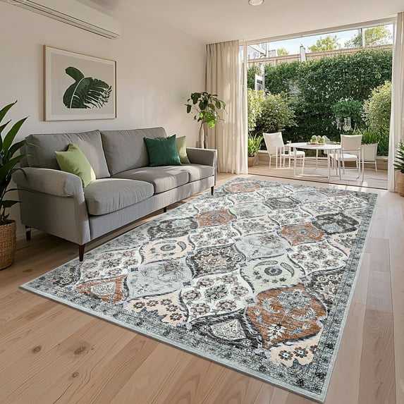 Hasoo Washable Living Room Area Rug 9x12 Large Modern Floral Non-Slip Soft Foldable Indoor Red/Yellow Carpet