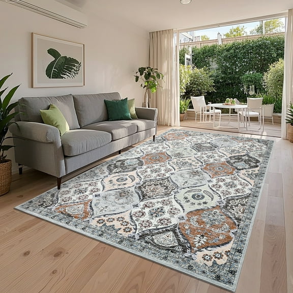 Hasoo Washable Living Room Area Rug 9x12 Large Modern Floral Non-Slip Soft Foldable Indoor Red/Yellow Carpet