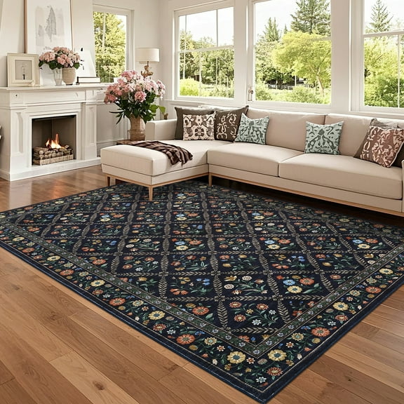 Hasoo Washable Living Room Area Rug 9x12 Large Modern Geometric Floral Non-Slip Soft Foldable Indoor Navy Carpet