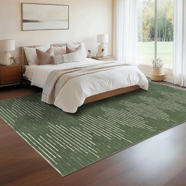 Hasoo Washable Living Room Area Rug 9x12 Large Modern Geometric Striped Non-Slip Soft Foldable Indoor Green Carpet