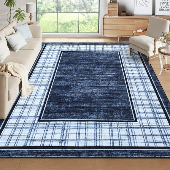Hasoo Washable Living Room Area Rug 9x12 Large Modern Plaid Geometric Non-Slip Soft Foldable Indoor Blue Carpet
