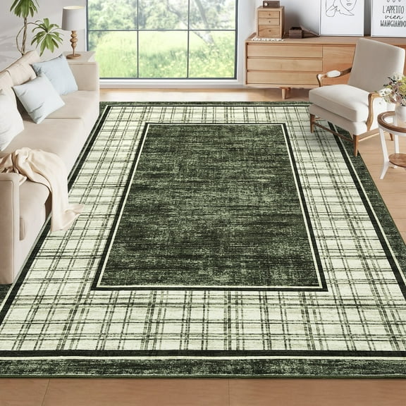 Hasoo Washable Living Room Area Rug 9x12 Large Modern Plaid Geometric Non-Slip Soft Foldable Indoor Green Carpet