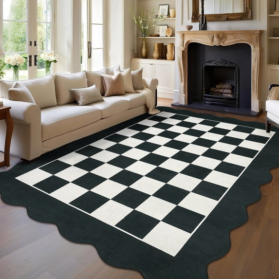 Hasoo Washable Living Room Area Rug 9x12 Large Modern Scalloped Checkered Non-Slip Soft Foldable Indoor Black/White Carpet