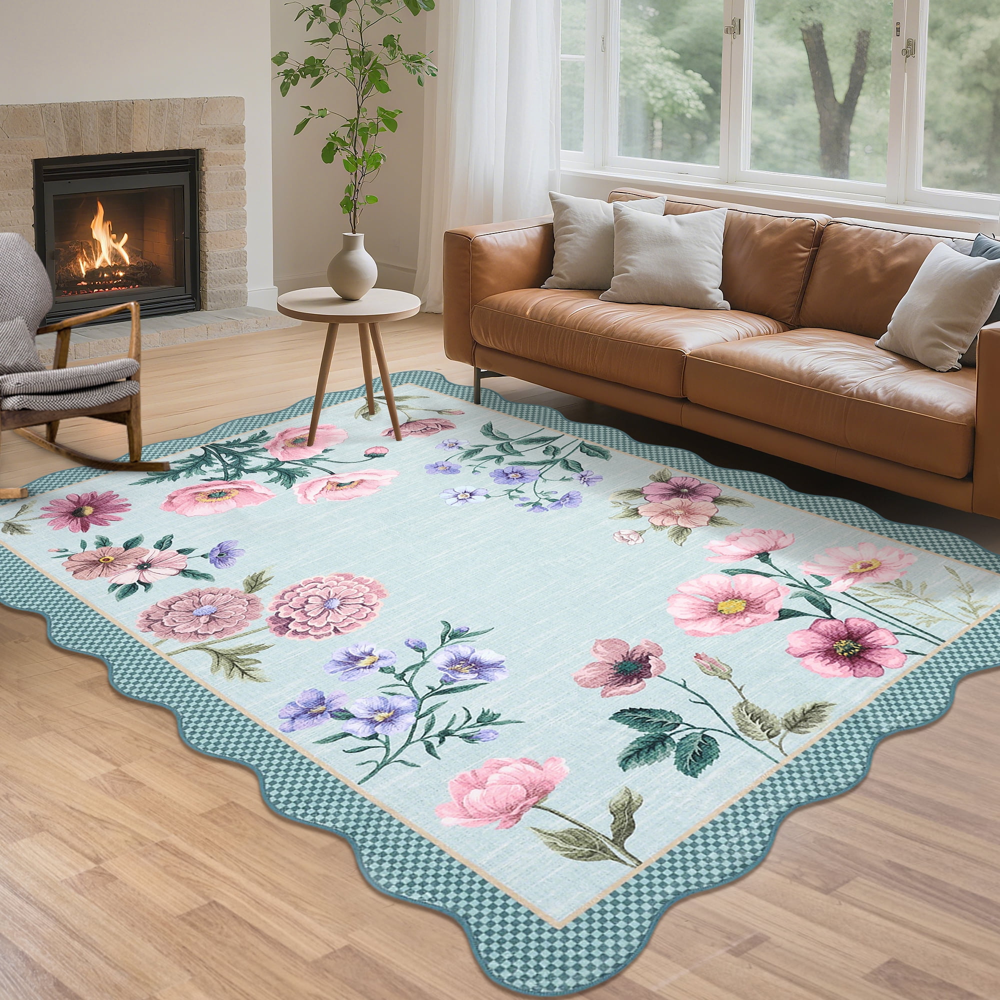 Hasoo Washable Living Room Area Rug 9x12 Large Modern Scalloped Floral Non-Slip Soft Foldable Indoor Light Blue Carpet