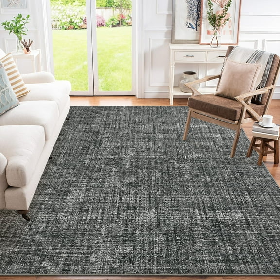 Hasoo Washable Living Room Area Rug 9x12 Large Modern Solid Non-Slip Soft Foldable Indoor Gray Neutral Carpet