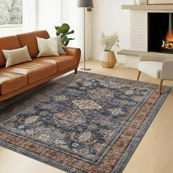 Hasoo Washable Rug 10' x 13' Rugs for Living Room Vintage Floral Farmhouse Indoor Non Slip Large Carpet for Bedroom, Blue/Orange