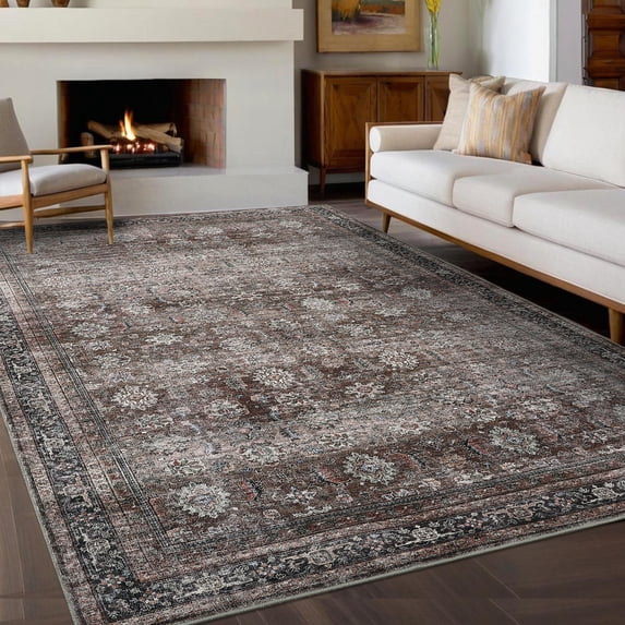 Hasoo Washable Rug 10' x 13' Rugs for Living Room Vintage Floral Farmhouse Indoor Non Slip Large Carpet for Bedroom, Brown