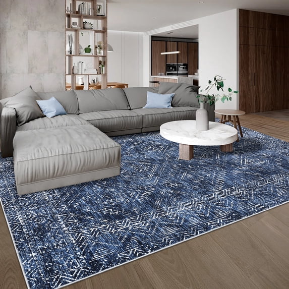 Hasoo Washable Rug 10' x 13' Rugs for Living Room Vintage Geometric Farmhouse Indoor Non Slip Large Carpet for Bedroom, Blue