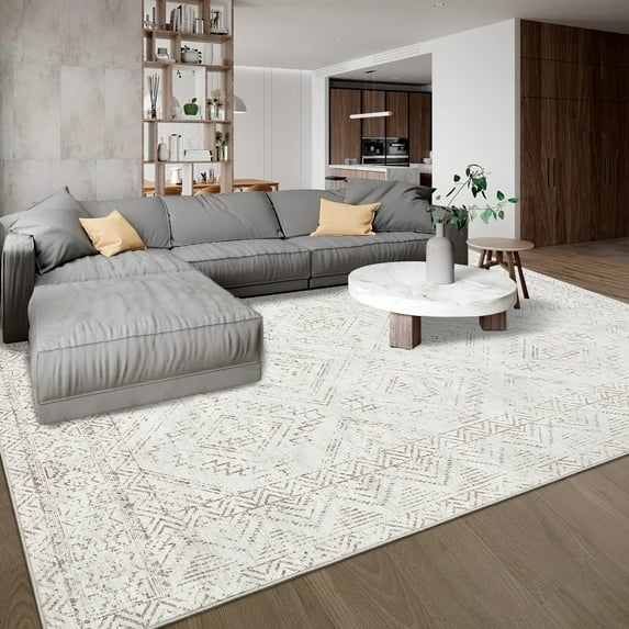 Hasoo Washable Rug 10' x 13' Rugs for Living Room Vintage Geometric Farmhouse Indoor Non Slip Large Carpet for Bedroom, Cream