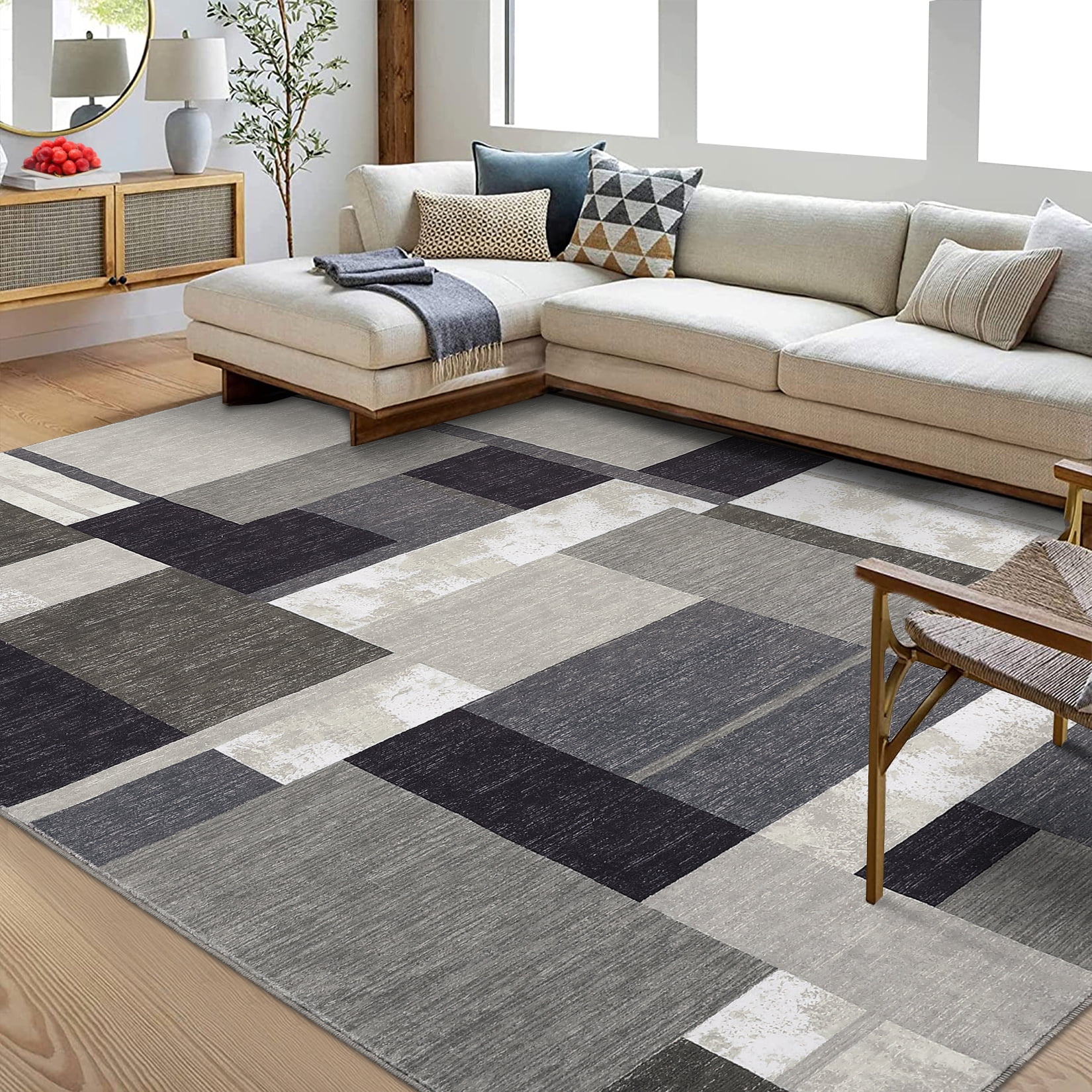 Hasoo Washable Rug 8' x 10' Geometric Area Rug Modern Area Rug for Bedroom Indoor Contemporary Patchwork Print Anti-Slip Accent Rug, Brown
