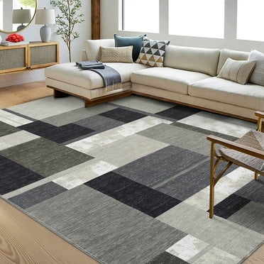 Hasoo Washable Rug 8' x 10' Geometric Area Rug Modern Area Rug for Bedroom Indoor Contemporary Patchwork Print Anti-Slip Accent Rug, Brown
