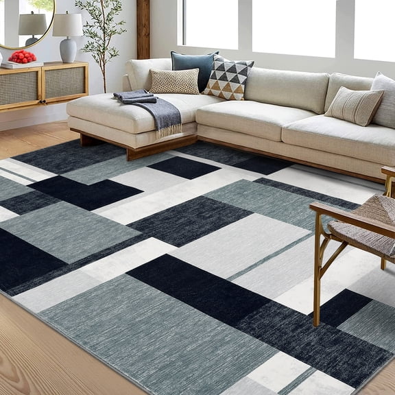 Hasoo Washable Rug 8' x 10' Geometric Area Rug Modern Area Rug for Bedroom Indoor Contemporary Patchwork Print Anti-Slip Accent Rug, Gray