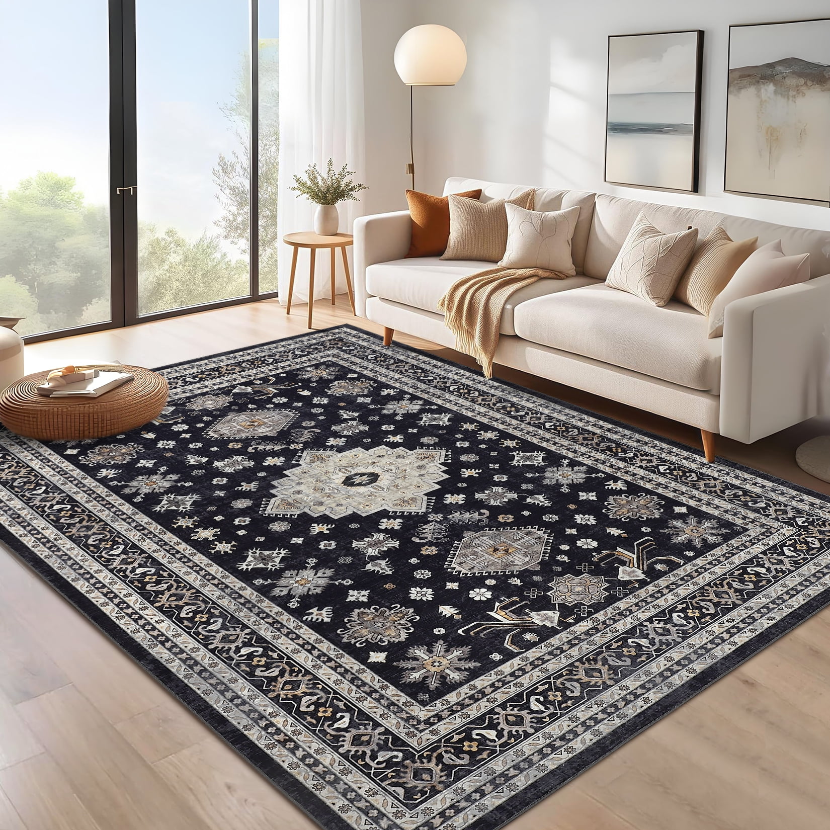 Hasoo Washable Rug 8' x 10' Rugs for Living Room Vintage Floral Farmhouse Indoor Carpet for Bedroom, Black
