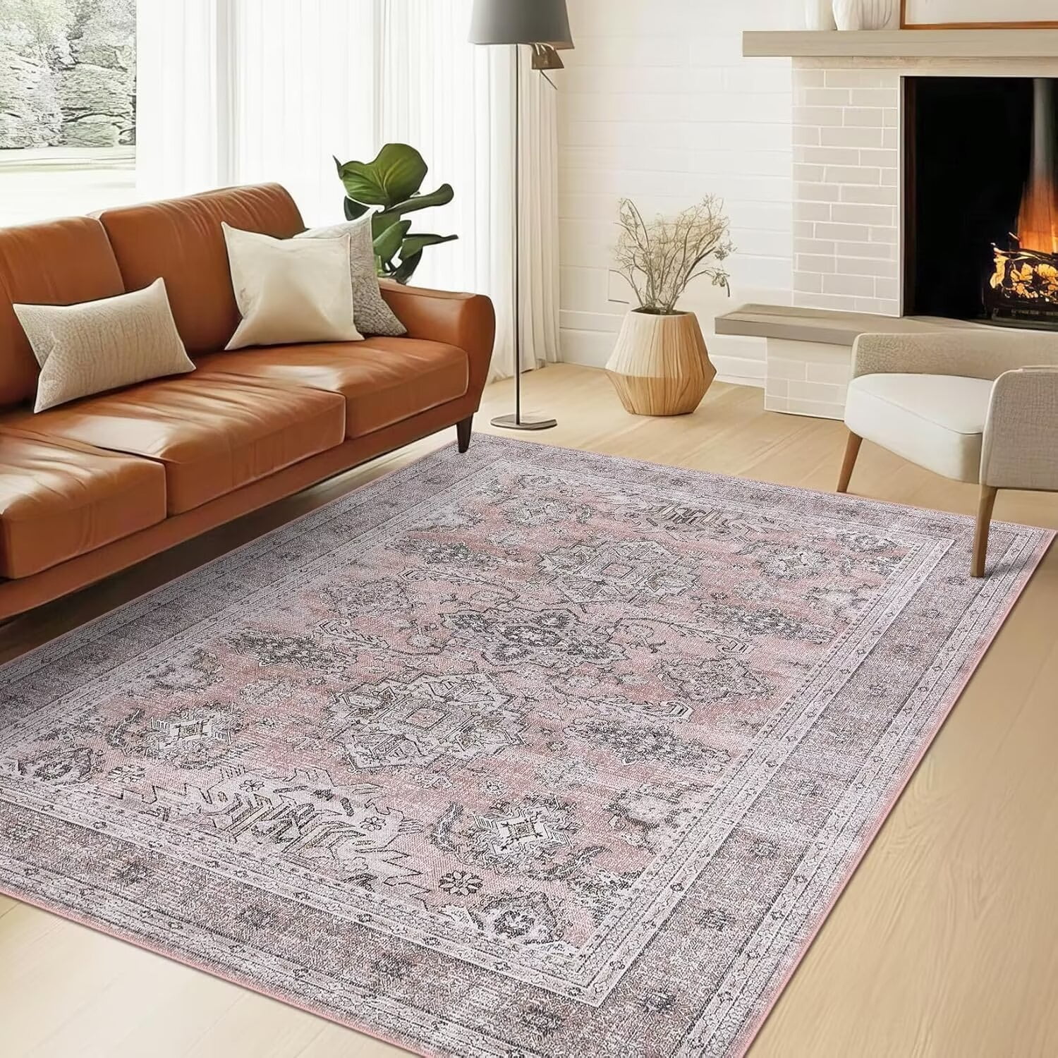 8' x 10' Pink and White Synthetic Floral Area Rug