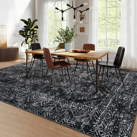 Hasoo Washable Rug 8' x 10' Rugs for Living Room Vintage Geometric Farmhouse Indoor Non Slip Large Carpet for Bedroom, Black