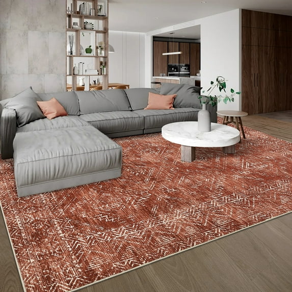 Hasoo Washable Rug 8' x 10' Rugs for Living Room Vintage Geometric Farmhouse Indoor Non Slip Large Carpet for Bedroom, Red