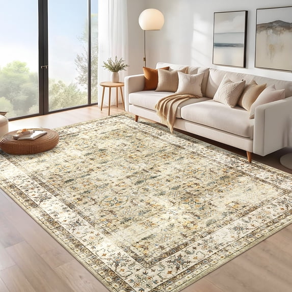 Hasoo Washable Rug 9' x 12' Rugs for Living Room Vintage Floral Farmhouse Indoor Non Slip Large Carpet for Bedroom, Beige
