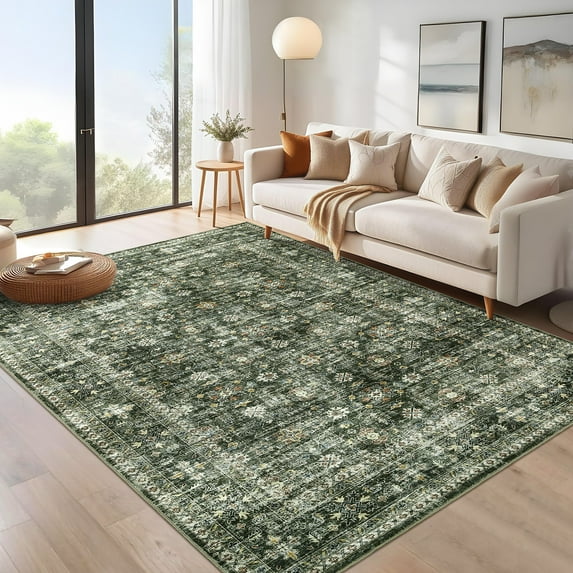 Hasoo Washable Rug 9' x 12' Rugs for Living Room Vintage Floral Farmhouse Indoor Non Slip Large Carpet for Bedroom, Green