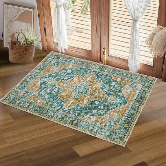 Hasoo Washable Rug Boho Persian Area Rug 2x3 Area Rug for Living Room Green Entryway Throw Rug Non-Slip Kitchen Rugs Accent Distressed Low-Pile Rugs for Bedroom Kitchen