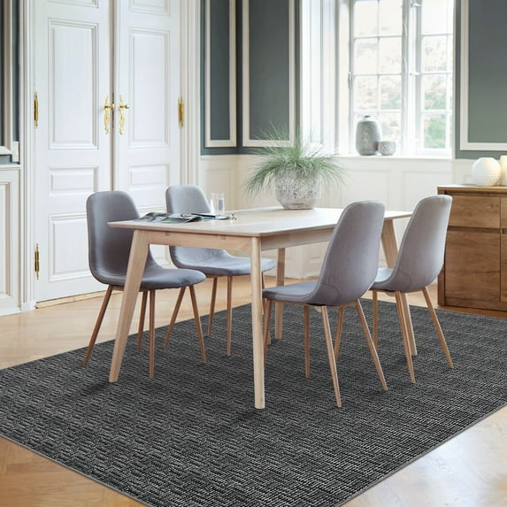 Hasoo Washable Rug Imitation Braided Print Area Rug Non Slip 8' x 10' Rug for Living Room Solid Printed Textured Rug Farmhouse Carpet for Bedroom Dining Room, Black