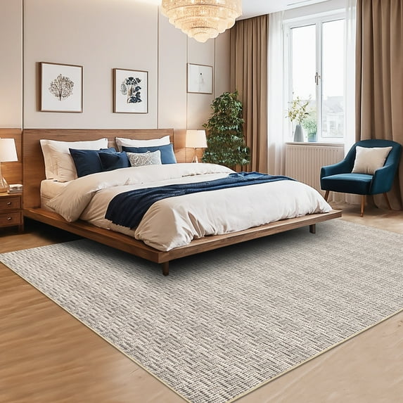 Hasoo Washable Rug Imitation Braided Print Area Rug Non Slip Large 9' x 12' Rug for Living Room Solid Printed Textured Rug Farmhouse Carpet for Bedroom Dining Room, Beige Gray
