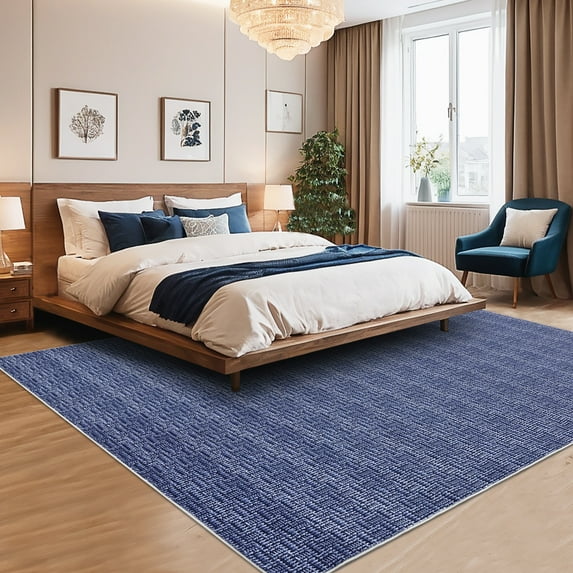 Hasoo Washable Rug Imitation Braided Print Area Rug Non Slip Large 9' x 12' Rug for Living Room Solid Printed Textured Rug Farmhouse Carpet for Bedroom Dining Room, Blue