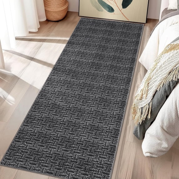 Hasoo Washable Rug Imitation Braided Print Non Slip 2' x 6' Runner for Living Room Solid Printed Textured Rug Farmhouse Carpet for Bedroom Dining Room, Black