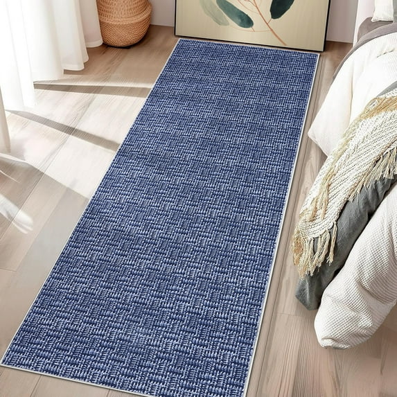 Hasoo Washable Rug Imitation Braided Print Non Slip 2' x 6' Runner for Living Room Solid Printed Textured Rug Farmhouse Carpet for Bedroom Dining Room, Blue