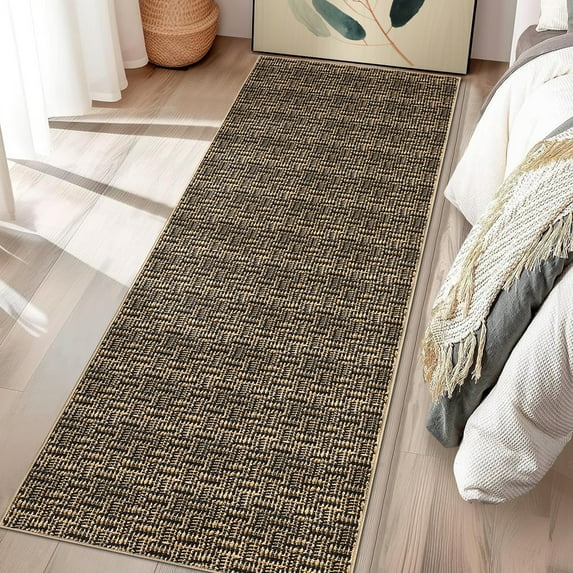 Hasoo Washable Rug Imitation Braided Print Non Slip 2' x 6' Runner for Living Room Solid Printed Textured Rug Farmhouse Carpet for Bedroom Dining Room, Brown