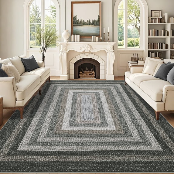 HOMERRY Washable Throw Rug for Living Room 5' x 7' Braided Print Modern Bordered Soft Non-Slip Indoor Carpet, Black/Brown