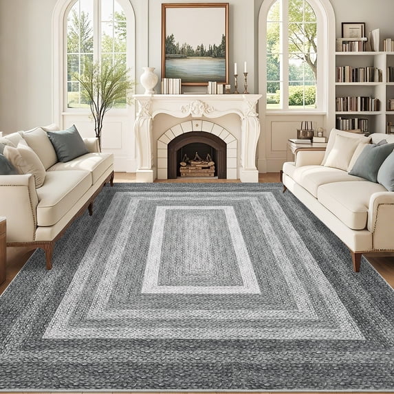 HOMERRY Washable Throw Rug for Living Room 5' x 7' Braided Print Modern Bordered Soft Non-Slip Indoor Carpet, Gray