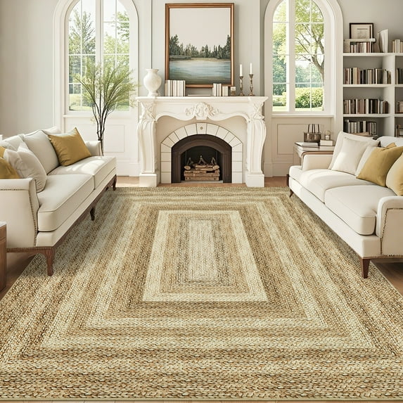 HOMERRY Washable Throw Rug for Living Room 5' x 7' Braided Print Modern Bordered Soft Non-Slip Indoor Carpet, Yellow