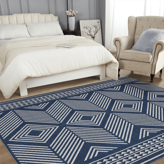 HOMERRY Washable Throw Rug for Living Room 5' x 7' Geometric Modern Soft Non-Slip Indoor Carpet, Blue