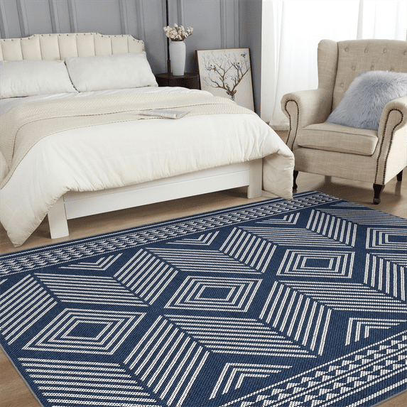 HOMERRY Washable Throw Rug for Living Room 5' x 7' Geometric Modern Soft Non-Slip Indoor Carpet, Blue