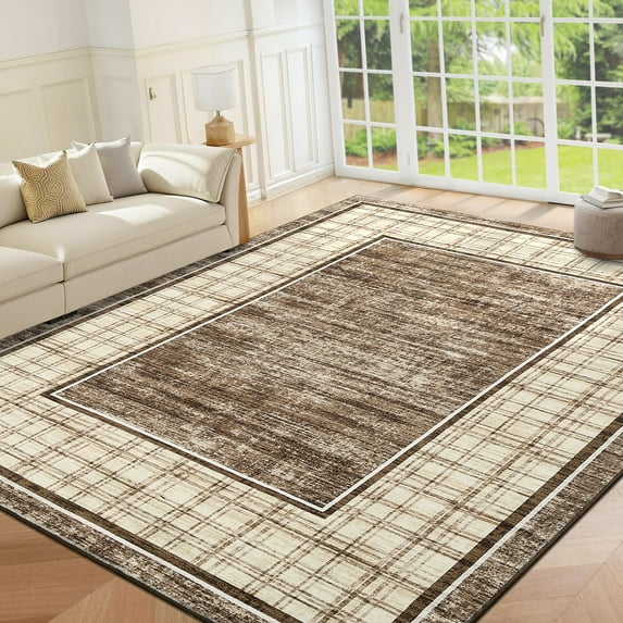 HOMERRY Washable Throw Rug for Living Room 5' x 7' Plaid Print Modern Bordered Soft Non-Slip Indoor Carpet, Camel