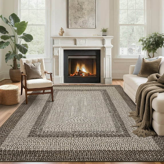 HOMERRY Washable Throw Rug for Living Room 6' x 9' Braided Print Modern Bordered Soft Non-Slip Indoor Carpet, Brown