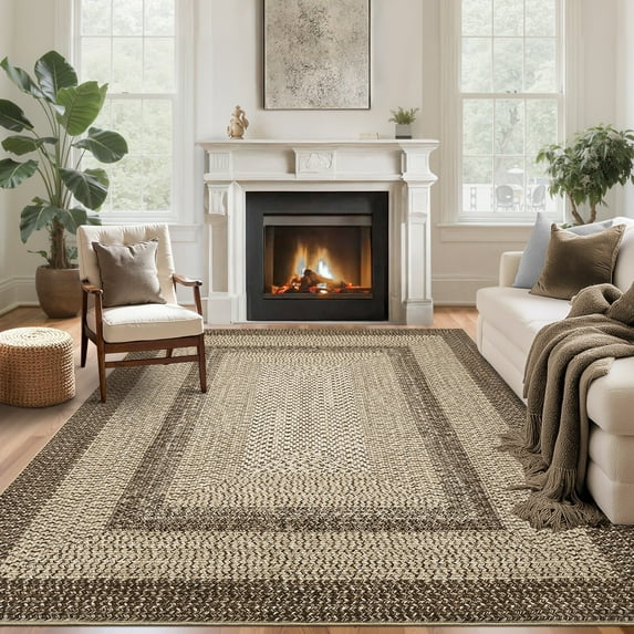 Hasoo Washable Throw Rug for Living Room 6' x 9' Braided Print Modern Bordered Soft Non-Slip Indoor Carpet, Camel