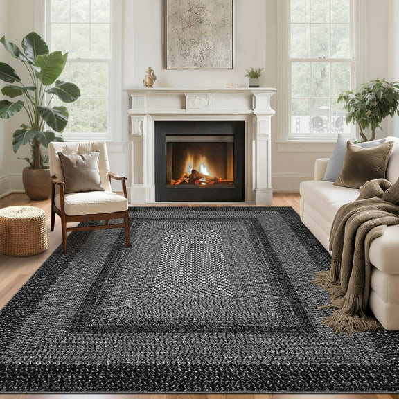 HOMERRY Washable Throw Rug for Living Room 6' x 9' Braided Print Modern Bordered Soft Non-Slip Indoor Carpet, Dark Gray